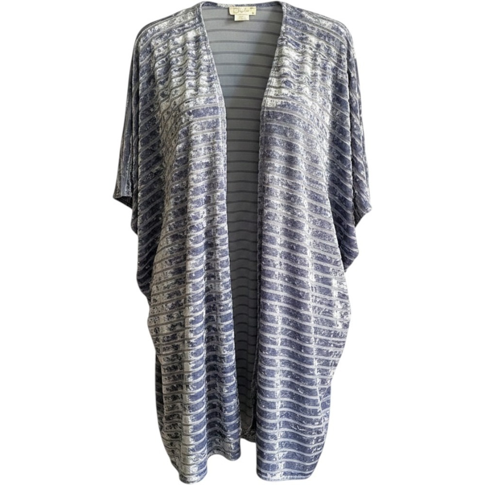 Olivia Rae Velvet Burnout Kimono Cardigan Blue Gray Striped Open Front Medium
